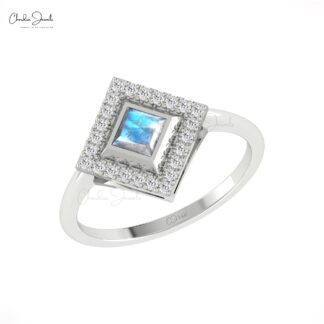 Pure 14k Gold Halo Diamond Ring With 4mm Rainbow Moonstone Statement Anniversary Rings