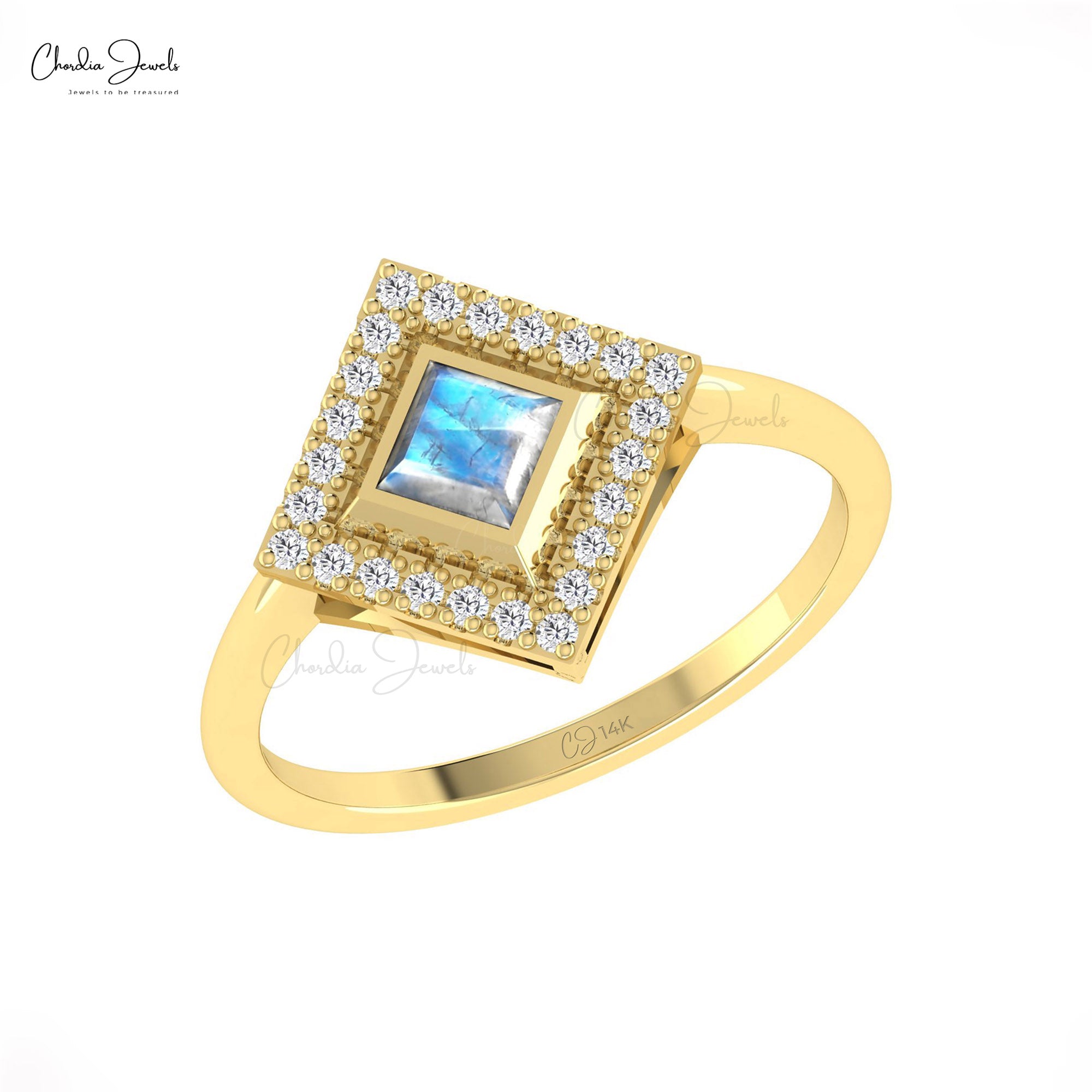 Pure 14k Gold Halo Diamond Ring With 4mm Rainbow Moonstone Statement Anniversary Rings