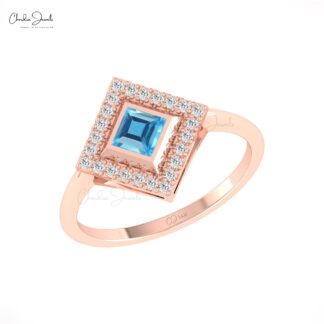 Statement Dainty Diamond Ring In Pure 14k Gold Swiss Blue Topaz Halo Anniversary Rings