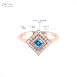 Statement Dainty Diamond Ring In Pure 14k Gold Swiss Blue Topaz Halo Anniversary Rings