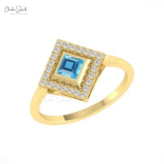 Statement Dainty Diamond Ring In Pure 14k Gold Swiss Blue Topaz Halo Anniversary Rings