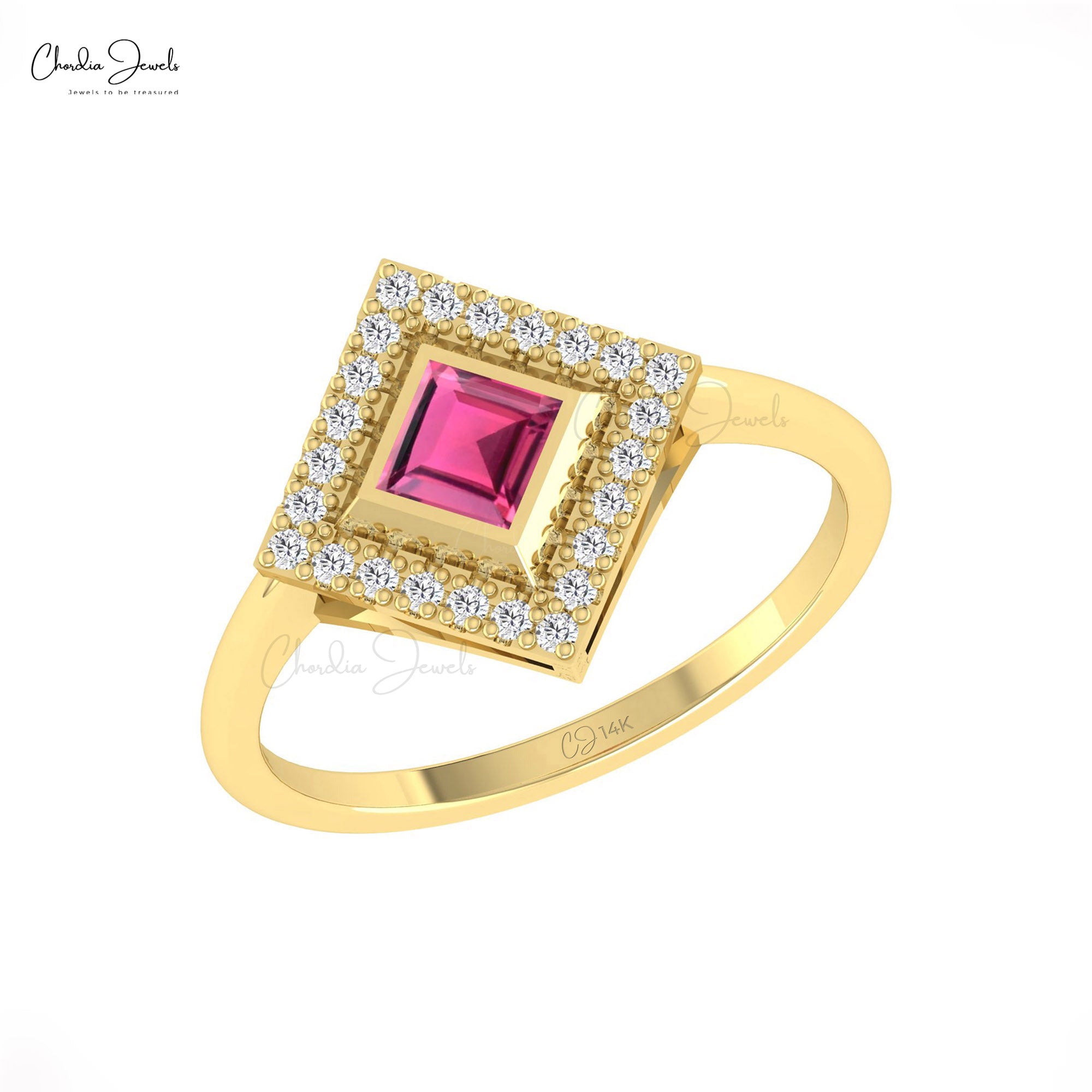 Gemstone Halo Ring In Real 14k Gold Pink Tourmaline And Pave Diamond Proposal Rings