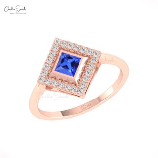 Square Shape Statement Ring With 4mm Tanzanite Diamond Halo Rings In 14k Pure Gold