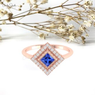 Square Shape Statement Ring With 4mm Tanzanite Diamond Halo Rings In 14k Pure Gold