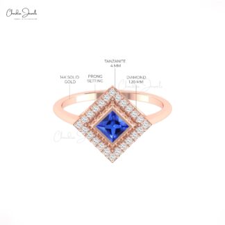 Square Shape Statement Ring With 4mm Tanzanite Diamond Halo Rings In 14k Pure Gold