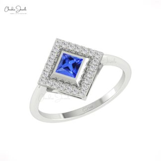 Square Shape Statement Ring With 4mm Tanzanite Diamond Halo Rings In 14k Pure Gold