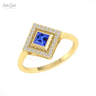 Square Shape Statement Ring With 4mm Tanzanite Diamond Halo Rings In 14k Pure Gold