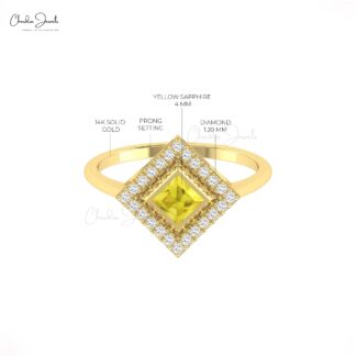 Bezel Set Halo Diamond Ring In Solid 14k Gold Yellow Sapphire Gemstone Promise Rings