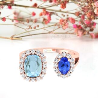 Double Halo Tanzanite Ring In 14k Real Gold Aquamarine And Diamond Open Cuff Wedding Ring