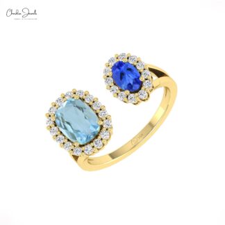 Double Halo Tanzanite Ring In 14k Real Gold Aquamarine And Diamond Open Cuff Wedding Ring