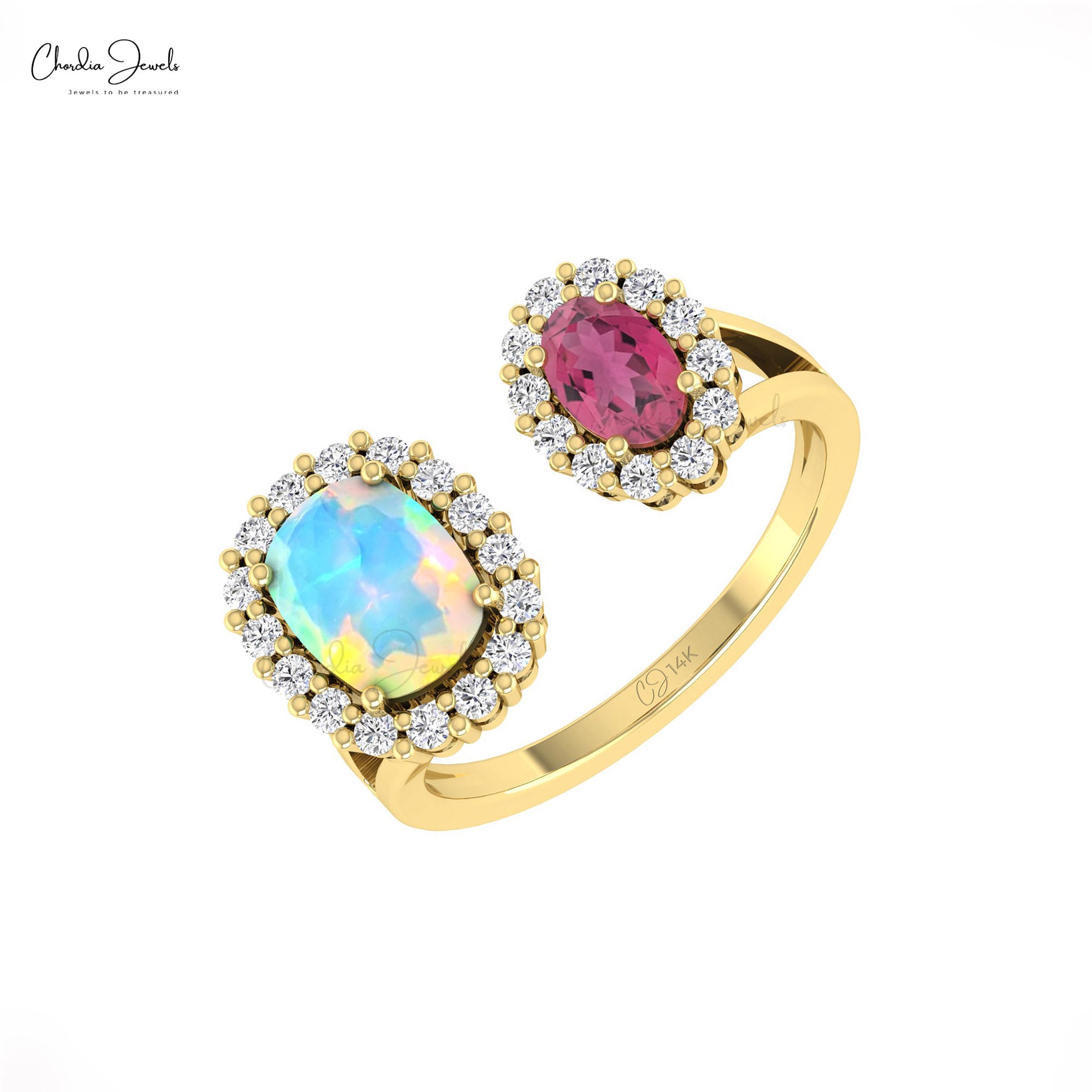 Split Halo Tourmaline Ring In 14k Solid Gold Diamond And 1.5 Ct Fire Opal Engagement Rings