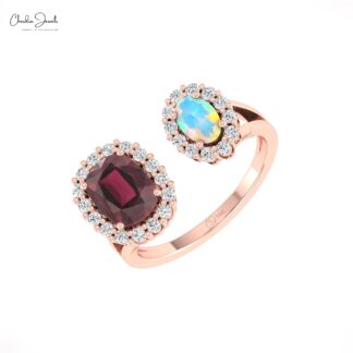 AAA Rhodolite Garnet Halo Ring With 6x4mm Opal And Diamond Split Rings In 14k Pure Gold