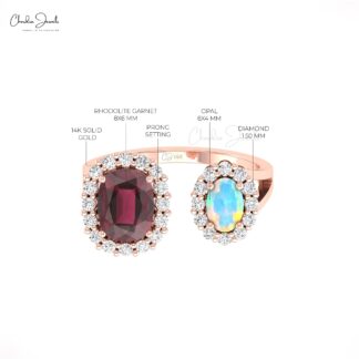 AAA Rhodolite Garnet Halo Ring With 6x4mm Opal And Diamond Split Rings In 14k Pure Gold