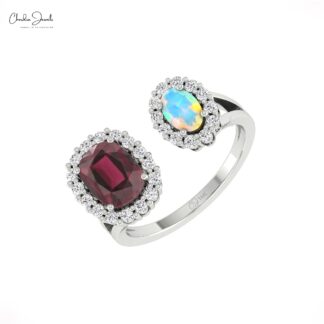 AAA Rhodolite Garnet Halo Ring With 6x4mm Opal And Diamond Split Rings In 14k Pure Gold