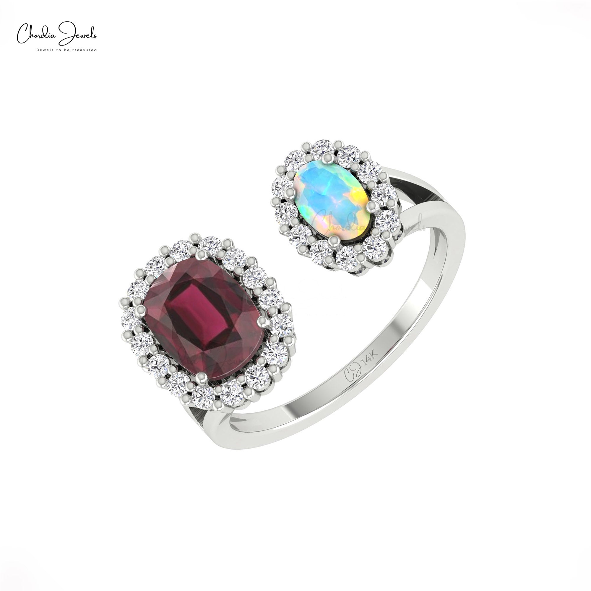 AAA Rhodolite Garnet Halo Ring With 6x4mm Opal And Diamond Split Rings In 14k Pure Gold