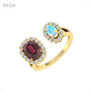 AAA Rhodolite Garnet Halo Ring With 6x4mm Opal And Diamond Split Rings In 14k Pure Gold