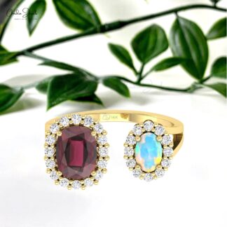 AAA Rhodolite Garnet Halo Ring With 6x4mm Opal And Diamond Split Rings In 14k Pure Gold