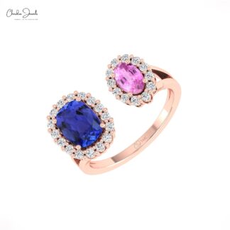 Dual Halo Diamond Ring In 14k Real Gold Pink Sapphire 0.74 Ct Oval And Tanzanite Rings