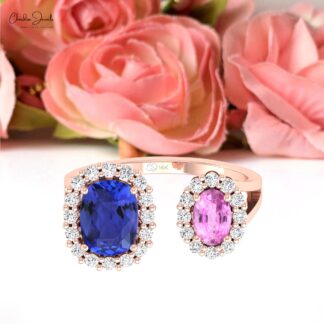 Dual Halo Diamond Ring In 14k Real Gold Pink Sapphire 0.74 Ct Oval And Tanzanite Rings