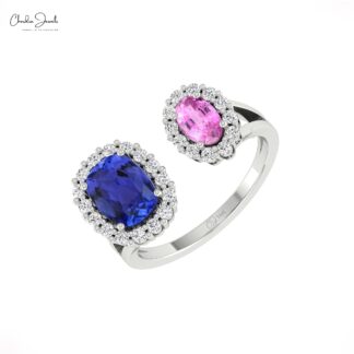 Dual Halo Diamond Ring In 14k Real Gold Pink Sapphire 0.74 Ct Oval And Tanzanite Rings
