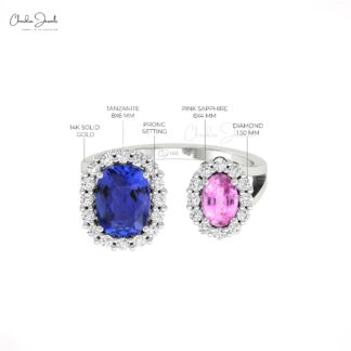 Dual Halo Diamond Ring In 14k Real Gold Pink Sapphire 0.74 Ct Oval And Tanzanite Rings