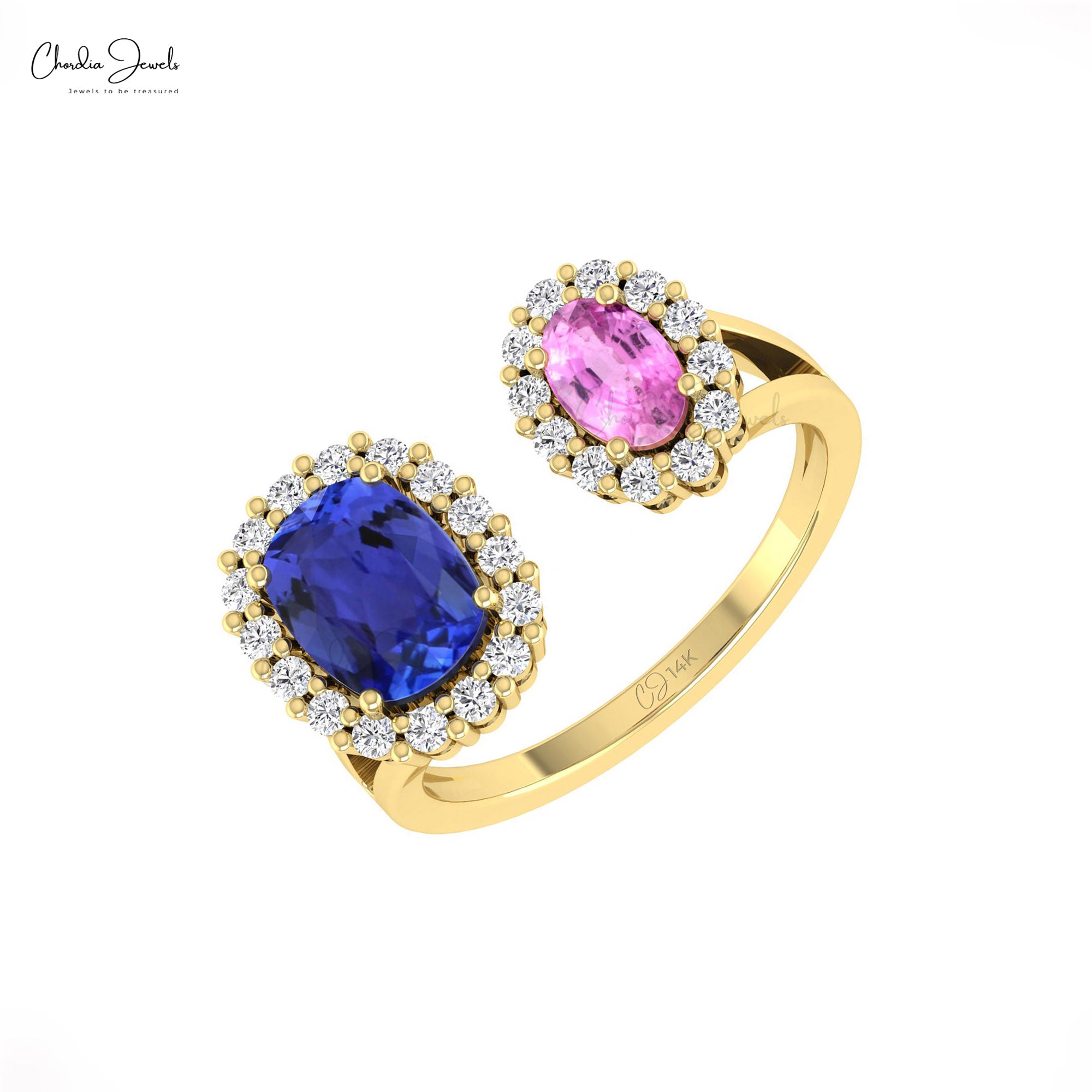 Dual Halo Diamond Ring In 14k Real Gold Pink Sapphire 0.74 Ct Oval And Tanzanite Rings