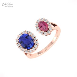 Real 14k Gold Open Cuff Ring With 6x4mm Pink Tourmaline And Tanzanite Halo Diamond Ring