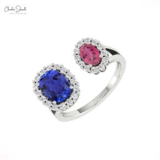 Real 14k Gold Open Cuff Ring With 6x4mm Pink Tourmaline And Tanzanite Halo Diamond Ring