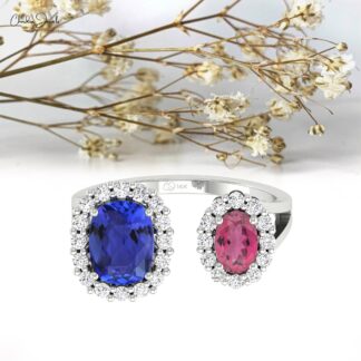 Real 14k Gold Open Cuff Ring With 6x4mm Pink Tourmaline And Tanzanite Halo Diamond Ring