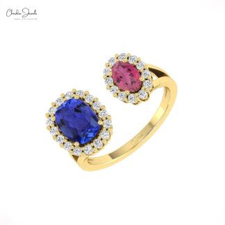 Real 14k Gold Open Cuff Ring With 6x4mm Pink Tourmaline And Tanzanite Halo Diamond Ring