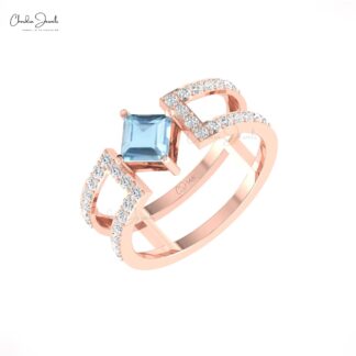AAA Aquamarine Dual Band With 0.6 Ct Gemstone And Diamond Split Shank Ring In 14k Gold