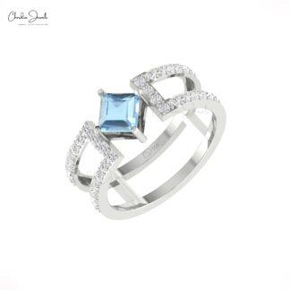 AAA Aquamarine Dual Band With 0.6 Ct Gemstone And Diamond Split Shank Ring In 14k Gold