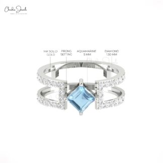 AAA Aquamarine Dual Band With 0.6 Ct Gemstone And Diamond Split Shank Ring In 14k Gold