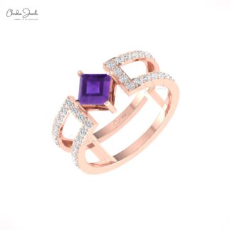 Diamond Stack Two Band In Solid 14k Gold Amethyst 5mm Square Cut Split Shank Women Ring