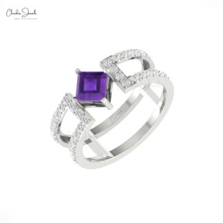 Diamond Stack Two Band In Solid 14k Gold Amethyst 5mm Square Cut Split Shank Women Ring
