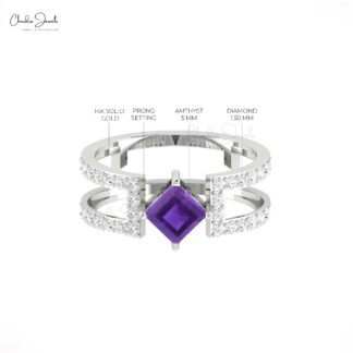 Diamond Stack Two Band In Solid 14k Gold Amethyst 5mm Square Cut Split Shank Women Ring