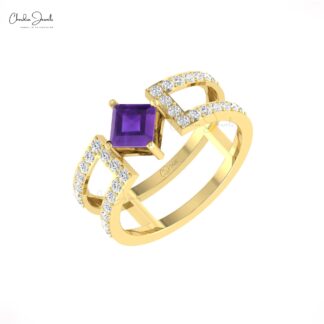 Diamond Stack Two Band In Solid 14k Gold Amethyst 5mm Square Cut Split Shank Women Ring