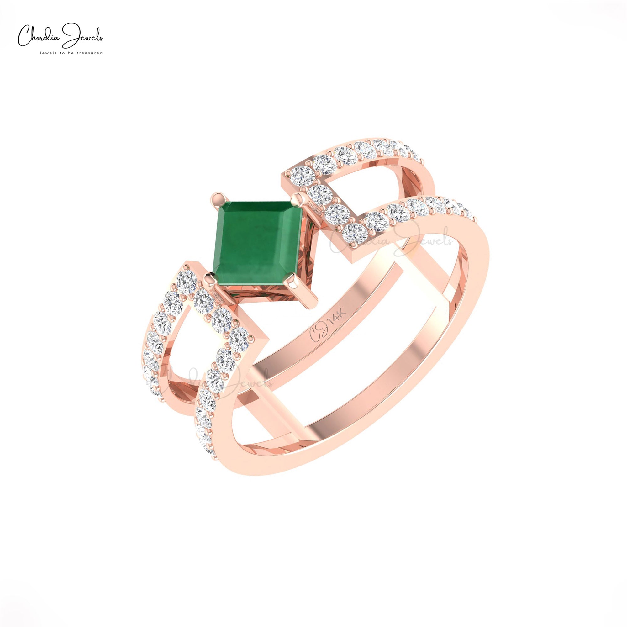 Parallel Split Shank Stack Band In 14k Real Gold Zambian Emerald And Pave Diamond Ring