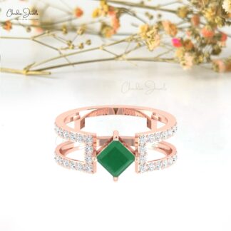 Parallel Split Shank Stack Band In 14k Real Gold Zambian Emerald And Pave Diamond Ring