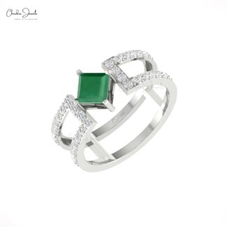 Parallel Split Shank Stack Band In 14k Real Gold Zambian Emerald And Pave Diamond Ring