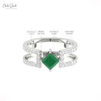 Parallel Split Shank Stack Band In 14k Real Gold Zambian Emerald And Pave Diamond Ring