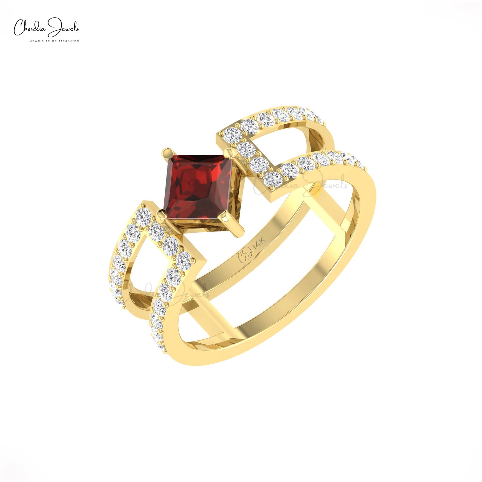 Natural Red Garnet Parallel Split Shank Band In 14k Pure Gold Diamond Stackable Bridal Ring