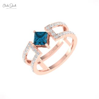 Natural London Blue Topaz Split Shank Ring In 14k Real Gold Diamond Hallmark Fine Jewelry