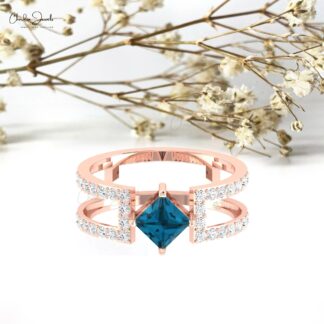 Natural London Blue Topaz Split Shank Ring In 14k Real Gold Diamond Hallmark Fine Jewelry