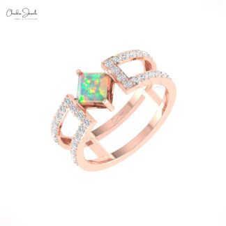 Delicate Square Split Shank Ring In Real 14k Gold Fire Opal And G-H Diamond Dual Band Rings
