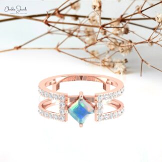 Delicate Square Split Shank Ring In Real 14k Gold Fire Opal And G-H Diamond Dual Band Rings