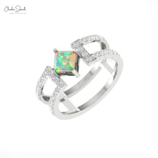 Delicate Square Split Shank Ring In Real 14k Gold Fire Opal And G-H Diamond Dual Band Rings
