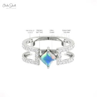 Delicate Square Split Shank Ring In Real 14k Gold Fire Opal And G-H Diamond Dual Band Rings
