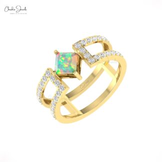 Delicate Square Split Shank Ring In Real 14k Gold Fire Opal And G-H Diamond Dual Band Rings