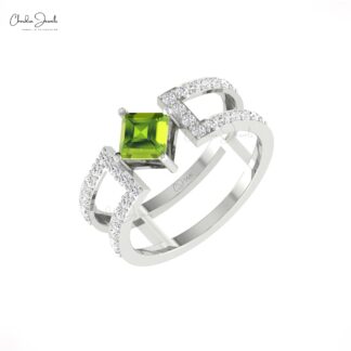 Pure 14k Gold Dual Band With 0.6 Ct Green Peridot And G-H Diamond Split Shank Bridal Ring
